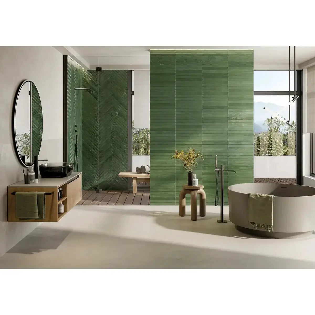 Flamenco 2"x18" Racing Green Brick Look Glossy Porcelain Wall Tile