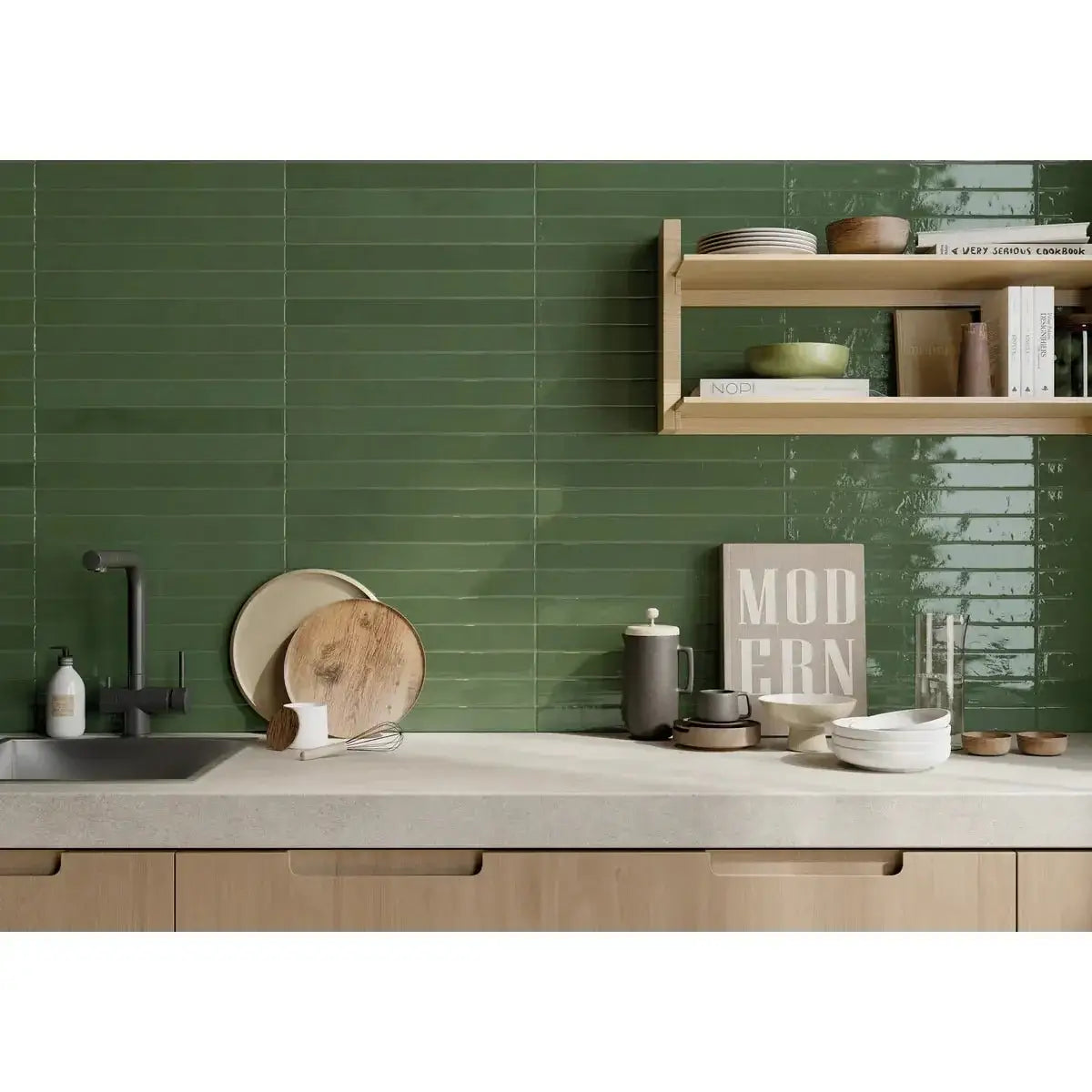 Flamenco 2"x18" Racing Green Brick Look Glossy Porcelain Wall Tile