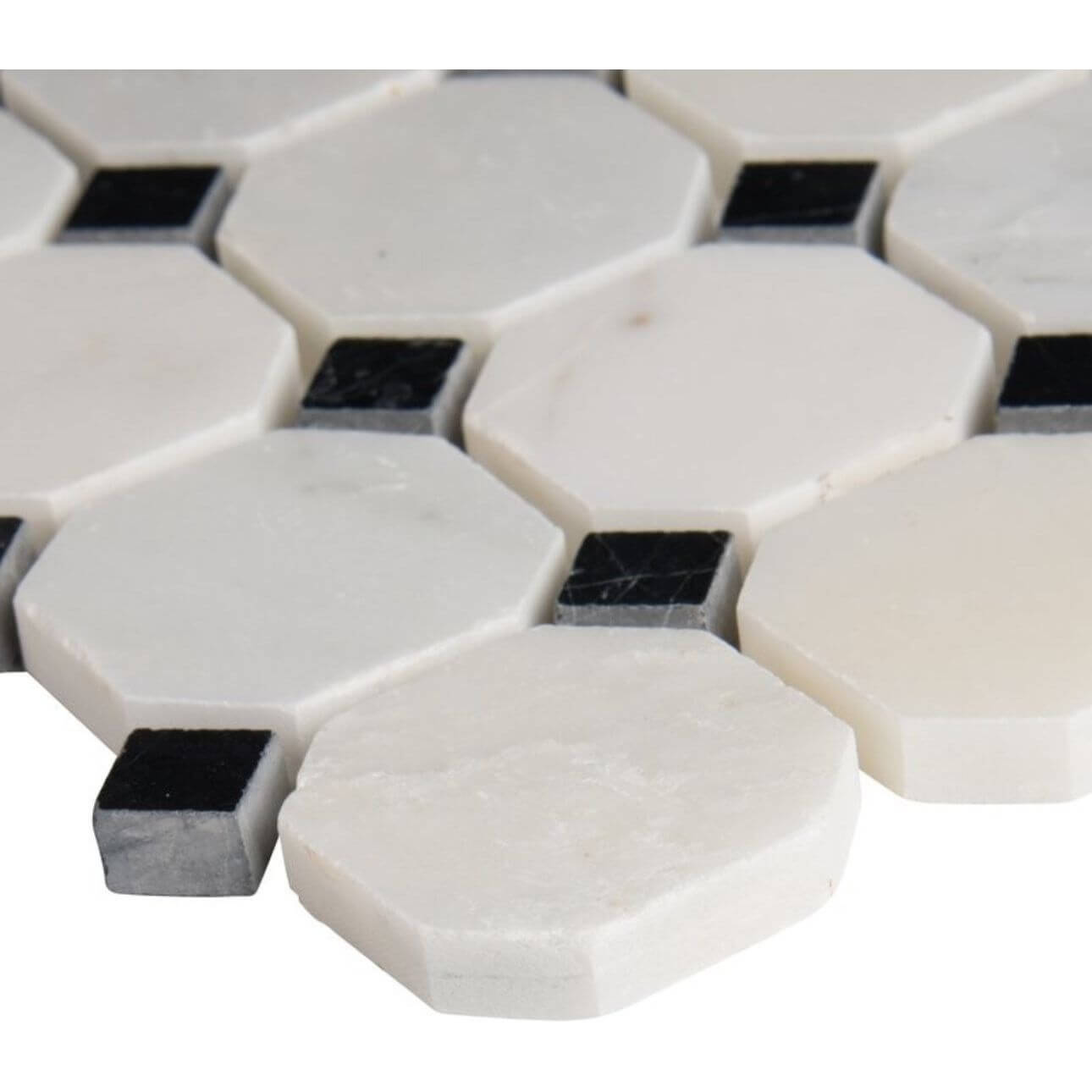 Greecian White 2” Octagon with Black 5/8x5/8 Polished 12x12