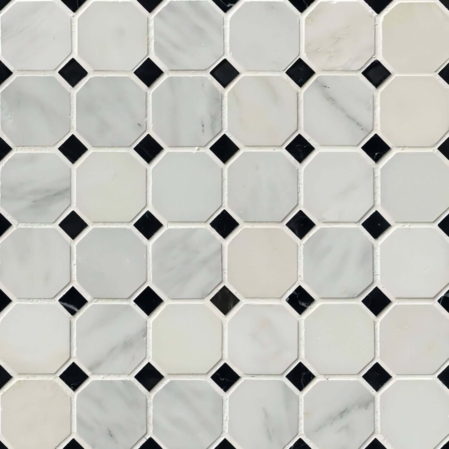 Greecian White 2” Octagon with Black 5/8x5/8 Polished 12x12