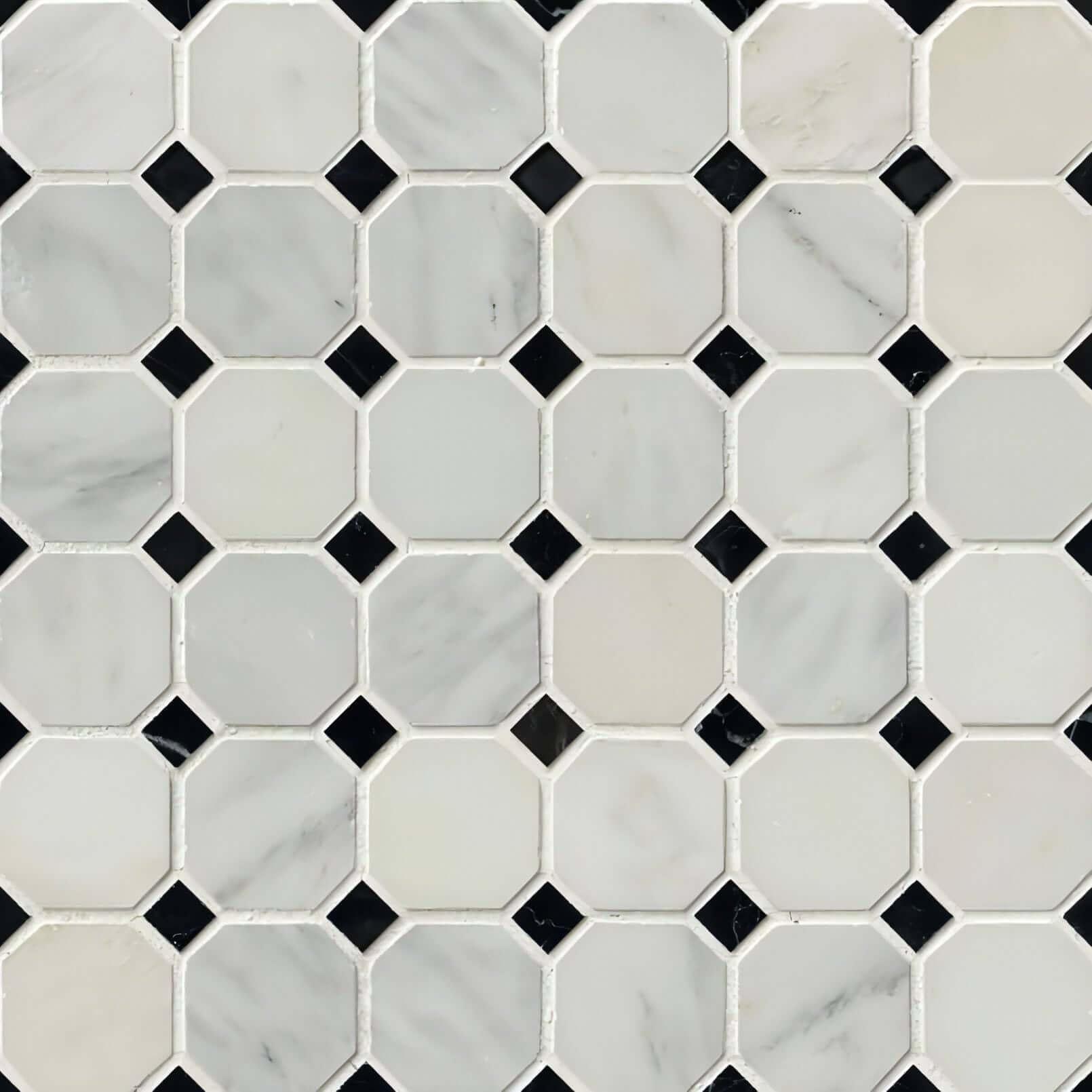 Greecian White 2” Octagon with Black 5/8x5/8 Polished 12x12