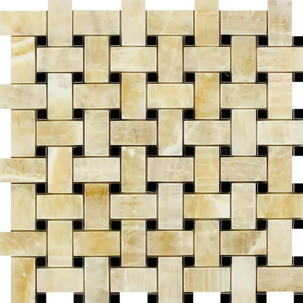 Honey Onyx Basketweave Mosaic w/ Black Dots 3/8 Polished