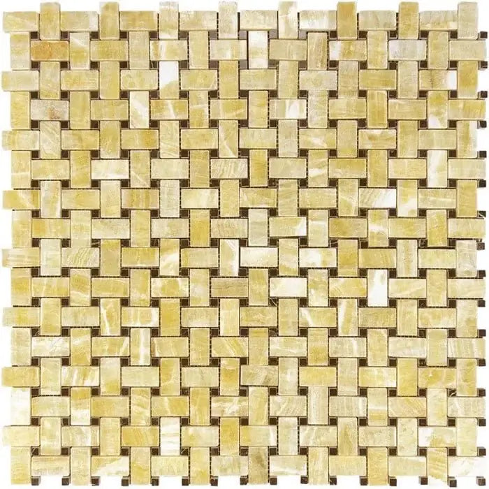 Honey Onyx Basketweave Mosaic w/ Black Dots 3/8 Polished