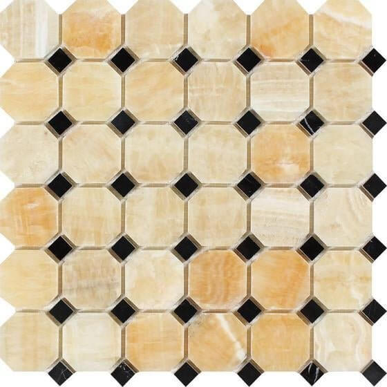 Honey Onyx Octagon Mosaic w/ Black Dots 3/8 Polished