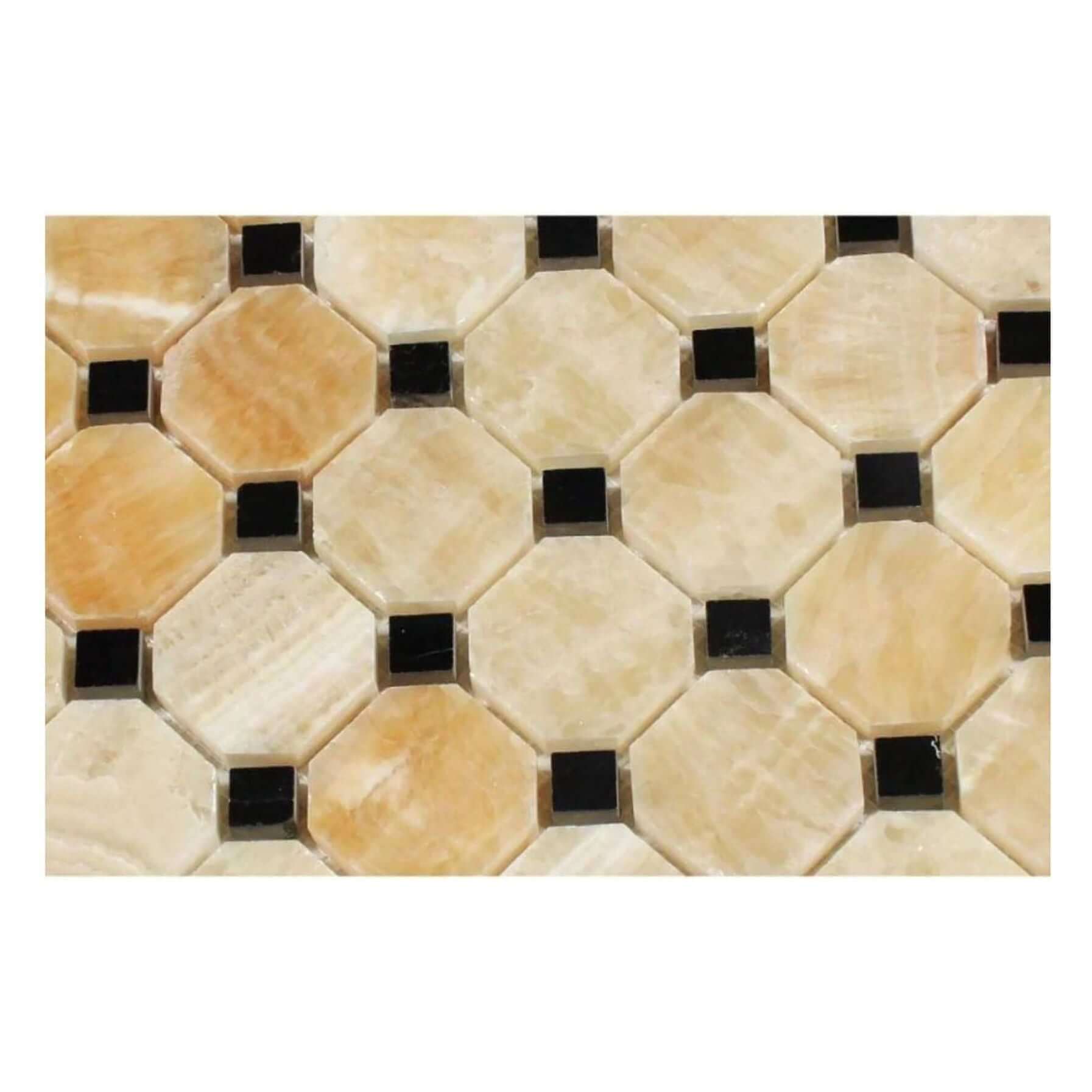 Honey Onyx Octagon Mosaic w/ Black Dots 3/8 Polished