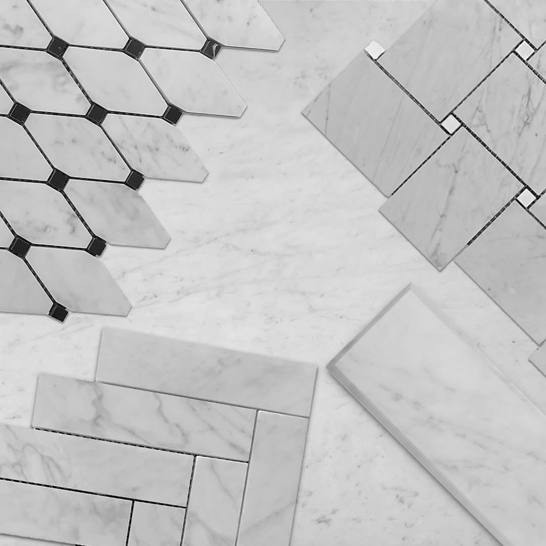 Carrara White Marble Large Basketweave Mosaic Tile with Bianco Dolomite Dots Polished