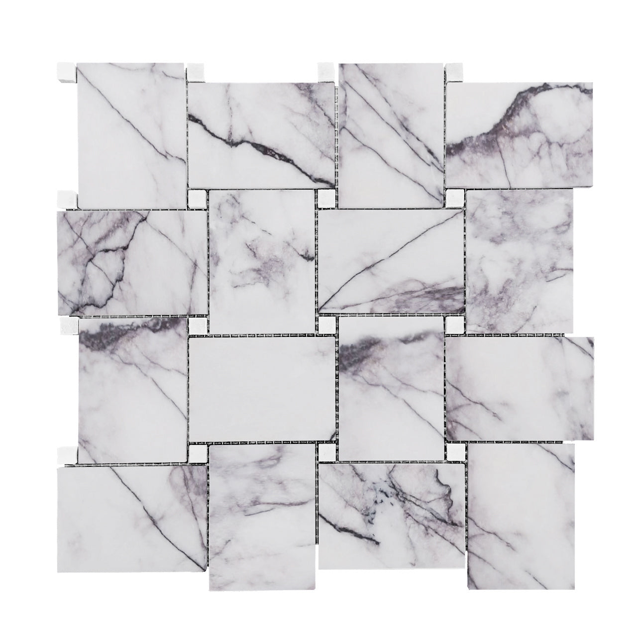 Lilac Marble Large Basketweave Mosaic Tile with Bianco Dolomite Dots Polished