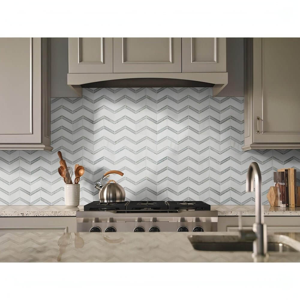 MSI Bianco Dolomite Chevron 12X12 Polished Marble Mosai