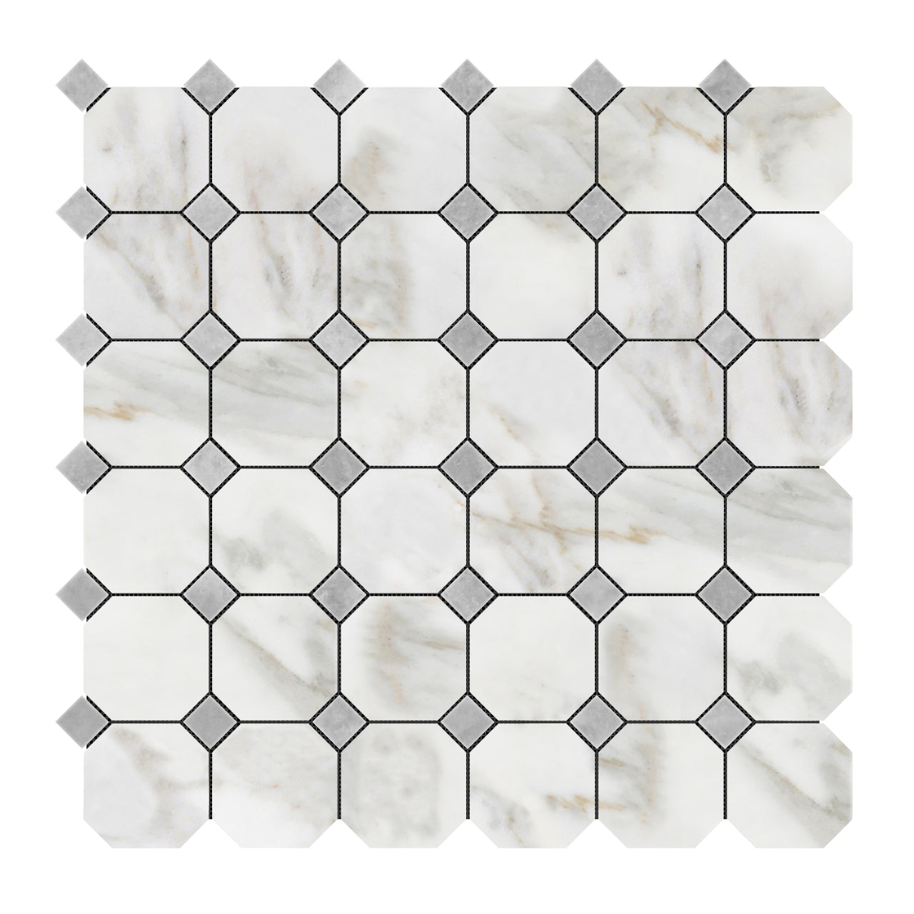 Calacatta Gold Marble Octagon with Bardiglio Dots Mosaic Tile Honed