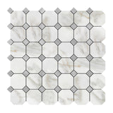 Calacatta Gold Marble Octagon with Bardiglio Dots Mosaic Tile Honed