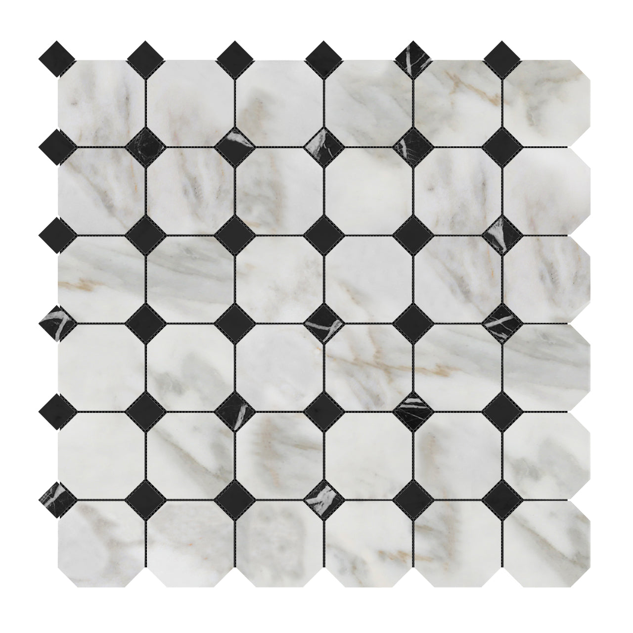 Calacatta Gold Marble Octagon with Black Dots Mosaic Tile Polished
