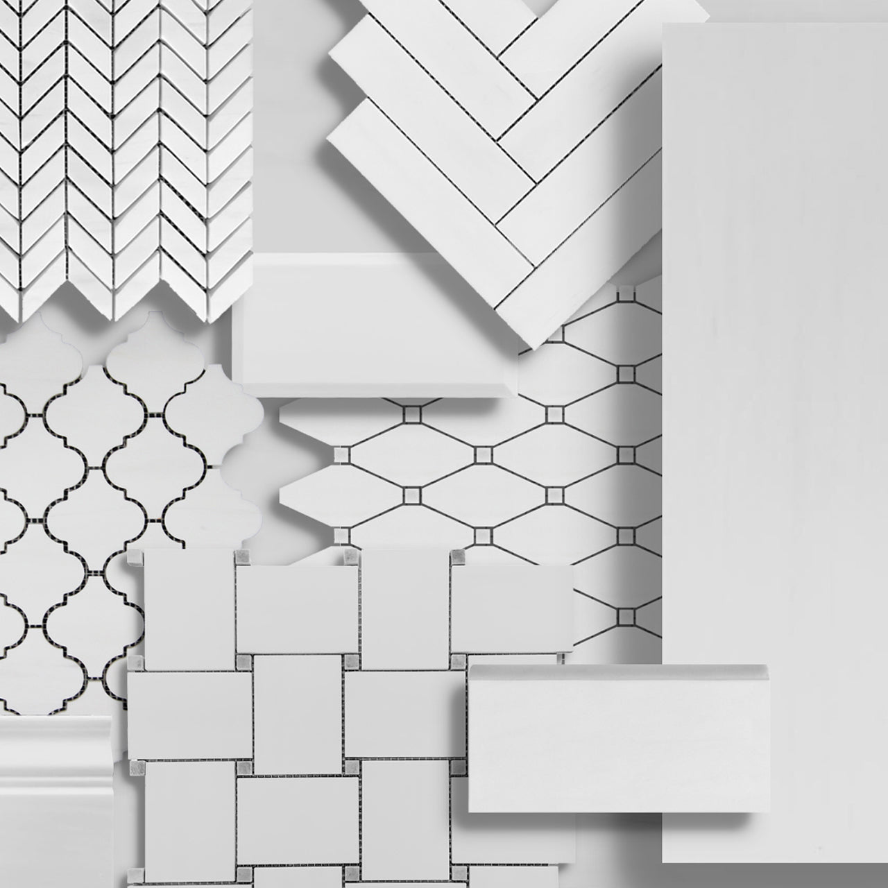 Bianco Dolomite Marble Long Octagon Rhomboid with Black Dots Mosaic Tile Honed