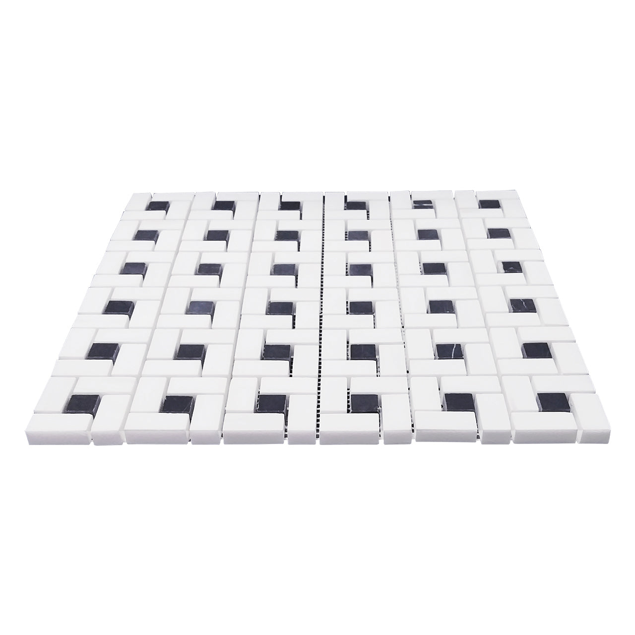 Bianco Dolomite Marble Target Pinwheel Mosaic Tile with Nero Marquina Black Dots Honed