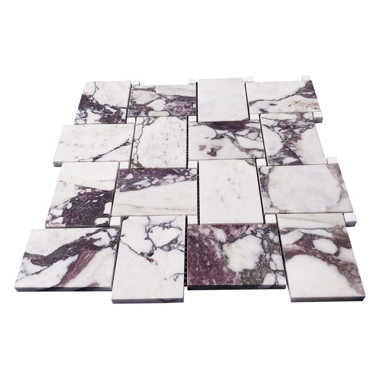 Calacatta Viola Marble Large Basketweave Mosaic Tile with Dolomite Dots Honed