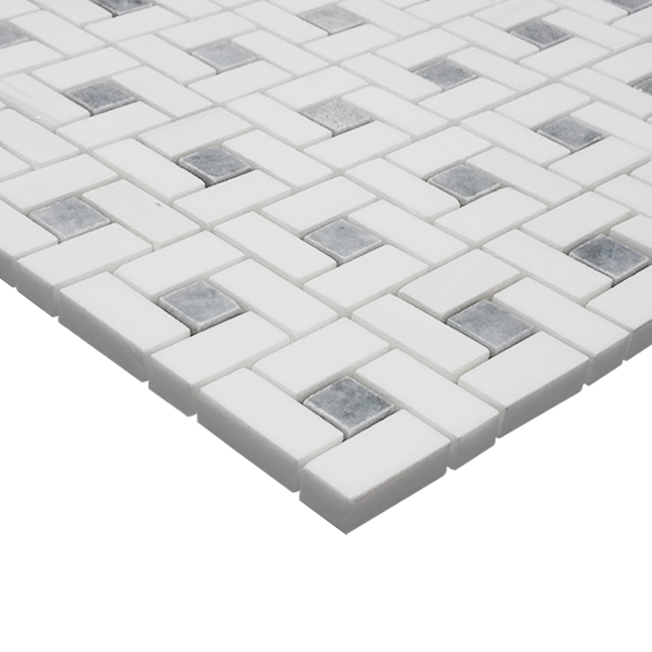 Bianco Dolomite Marble Target Pinwheel Mosaic Tile with Bardiglio Gray Dots Polished