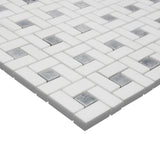Bianco Dolomite Marble Target Pinwheel Mosaic Tile with Bardiglio Gray Dots Honed