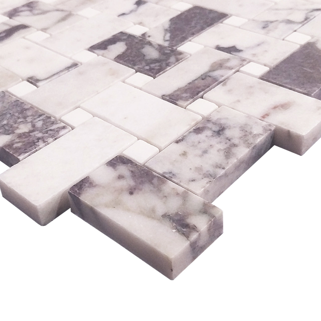 Calacatta Viola Marble Basketweave Mosaic Tile with Dolomite Dots Honed