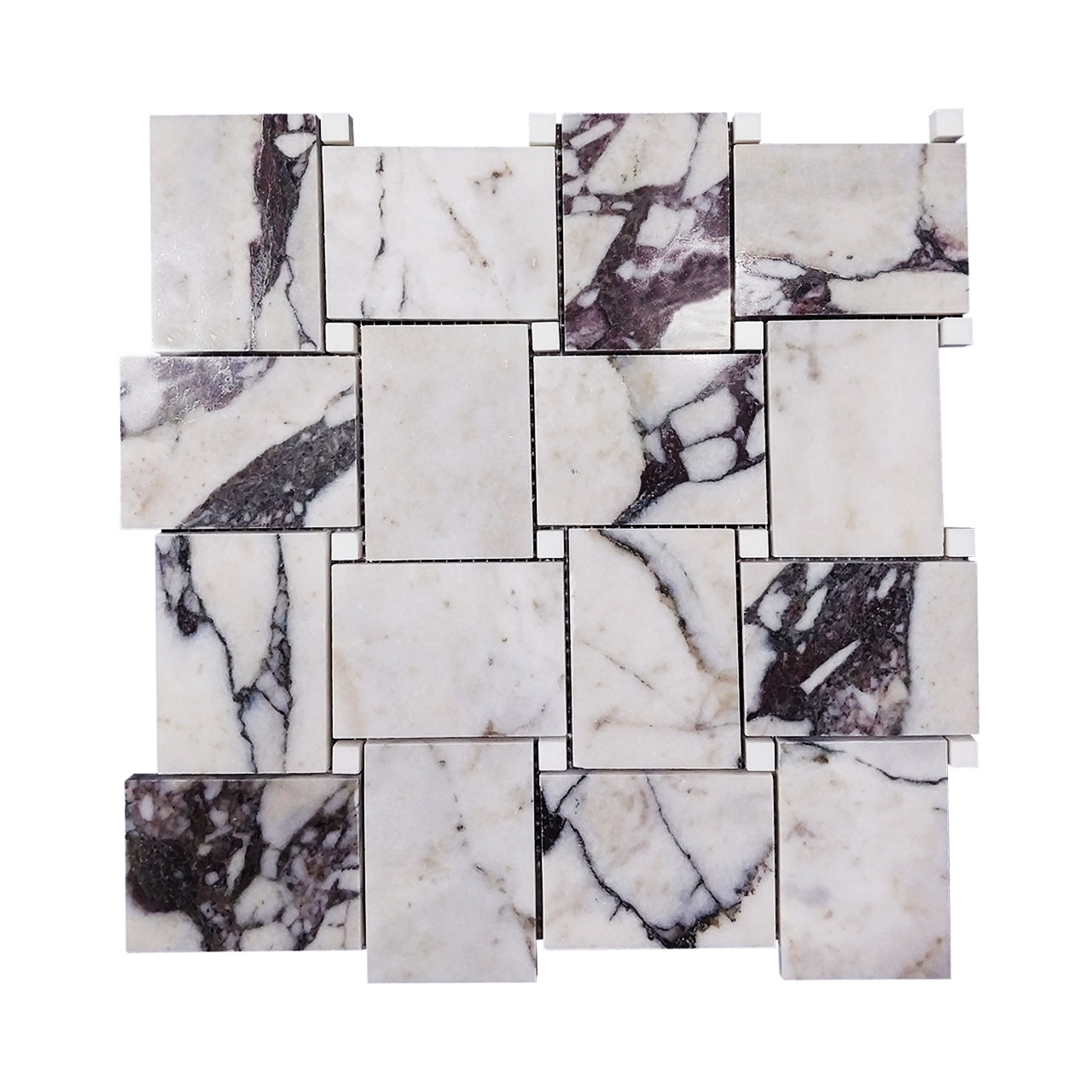 Calacatta Viola Marble Large Basketweave Mosaic Tile with Dolomite Dots Honed