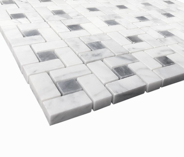 Carrara White Italian Marble Target Pinwheel Mosaic Tile with Bardiglio Gray Dots Polished
