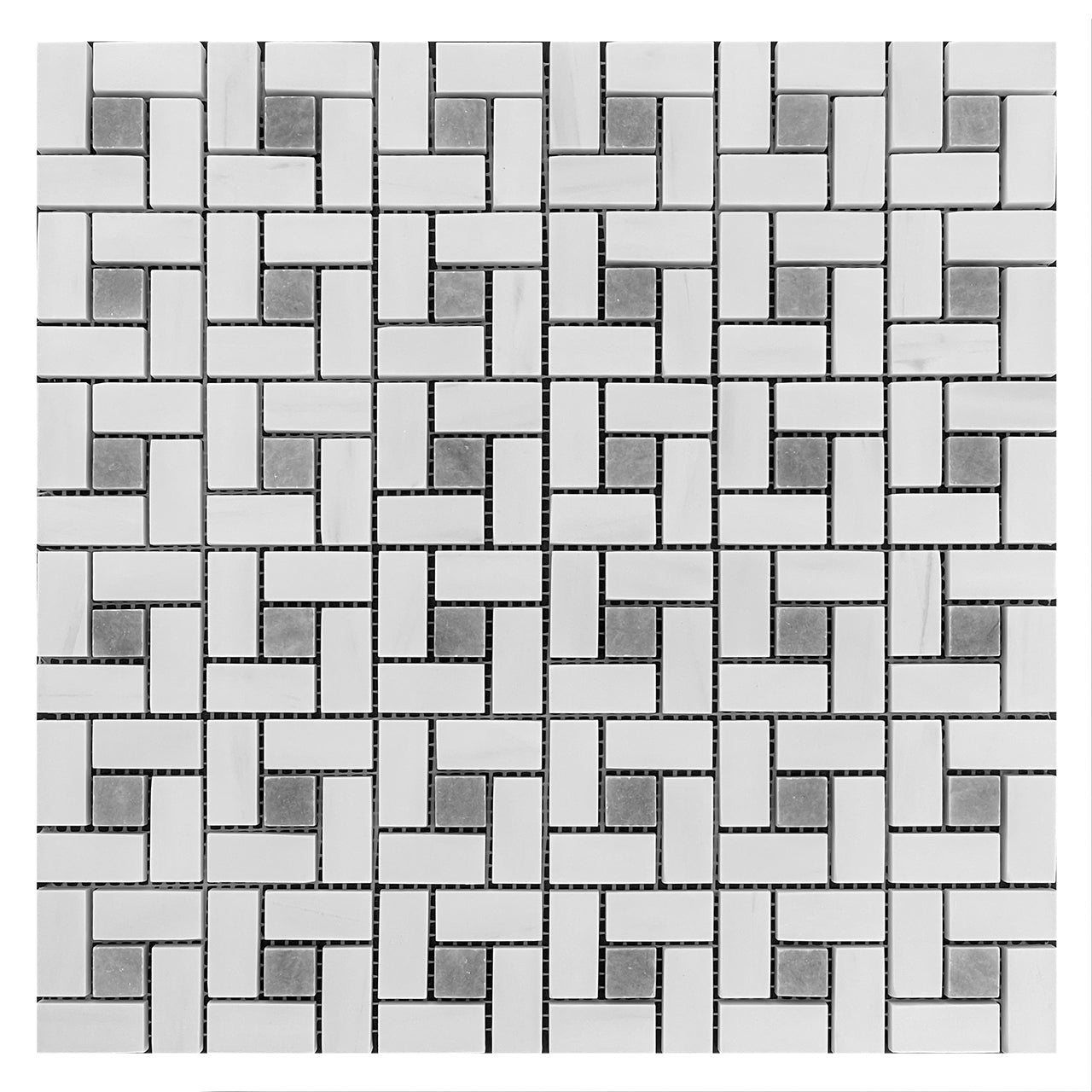 Bianco Dolomite Marble Target Pinwheel Mosaic Tile with Bardiglio Gray Dots Honed