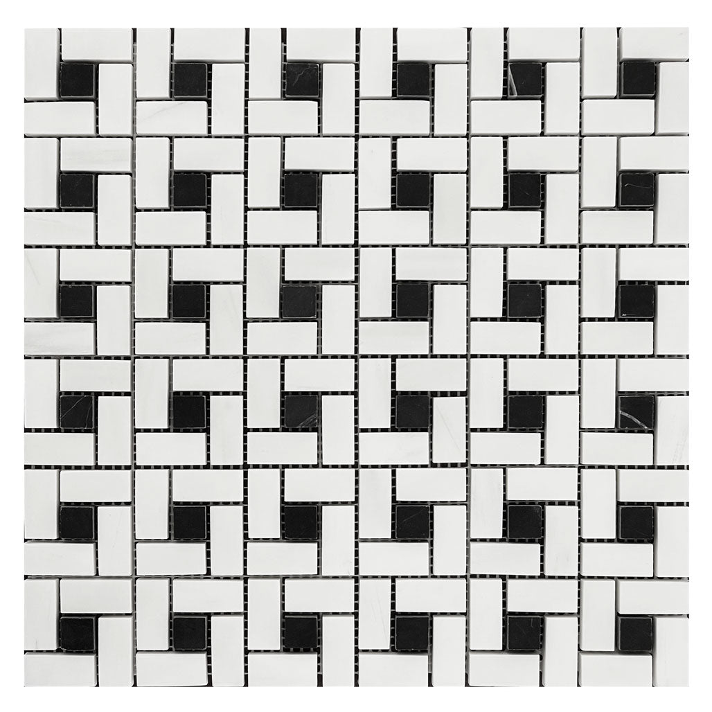 Bianco Dolomite Marble Target Pinwheel Mosaic Tile with Nero Marquina Black Dots Polished