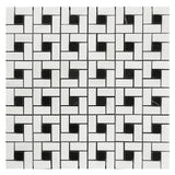 Bianco Dolomite Marble Target Pinwheel Mosaic Tile with Nero Marquina Black Dots Polished