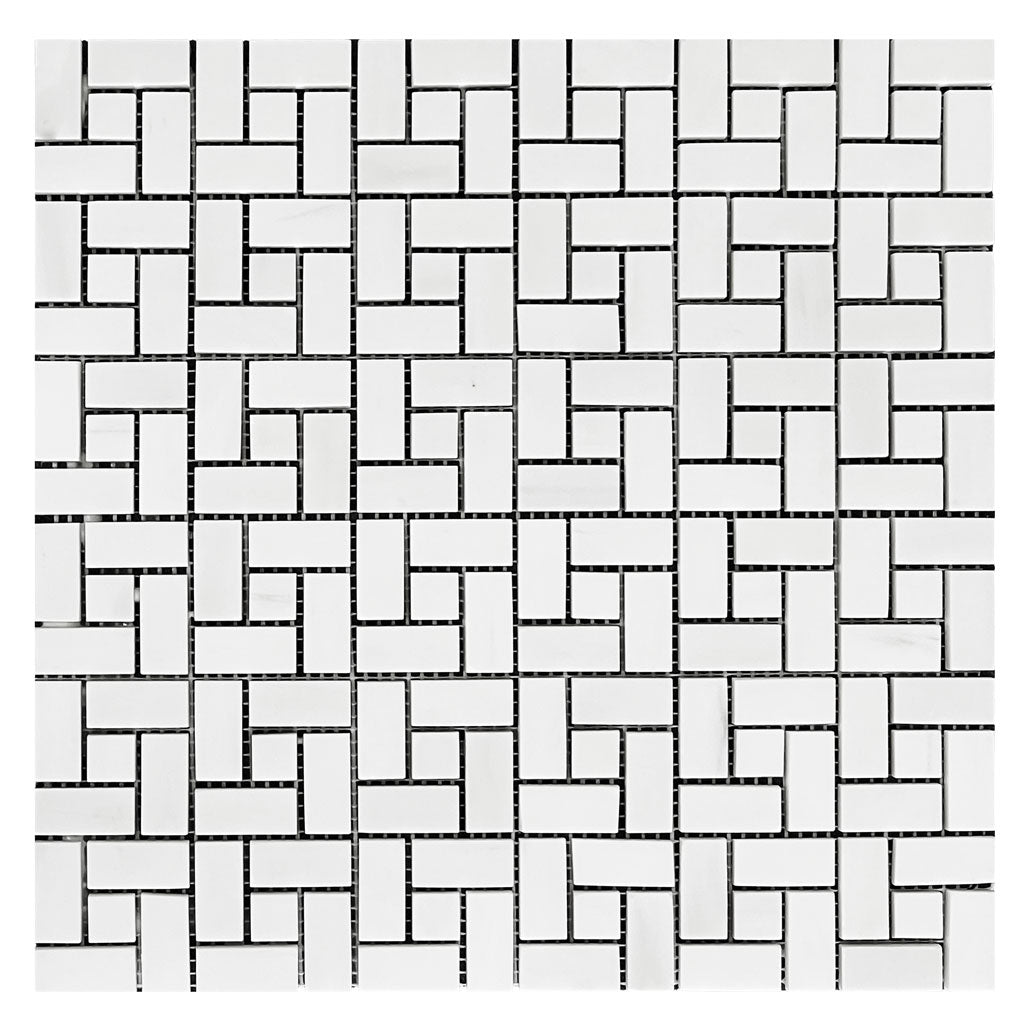 Bianco Dolomite Marble Target Pinwheel Mosaic Tile with Bianco Dolomite Dots Polished