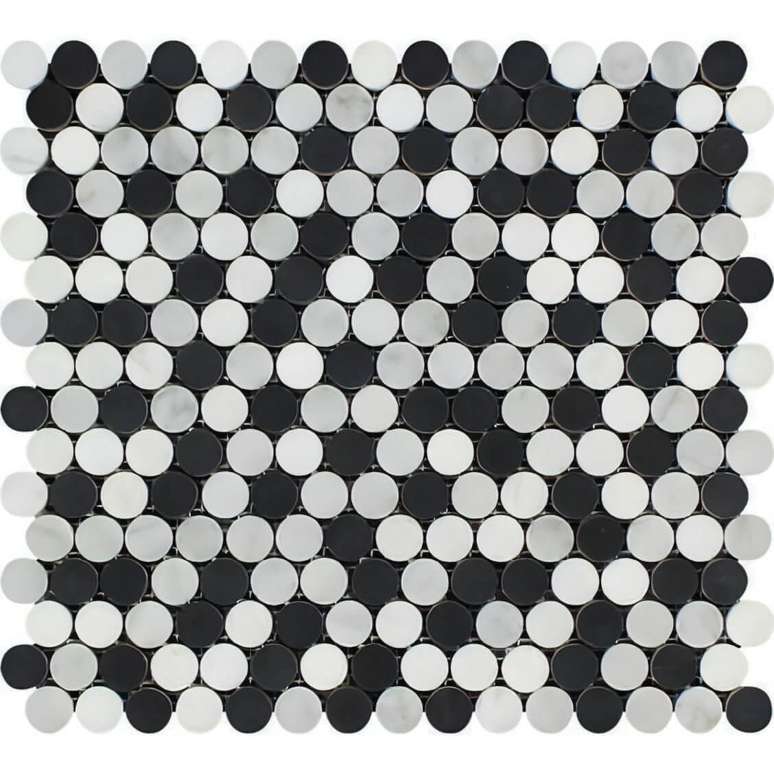 Thassos White + Carrara White + Nero Marquina Marble Penny Round Mosaic Polished / Honed