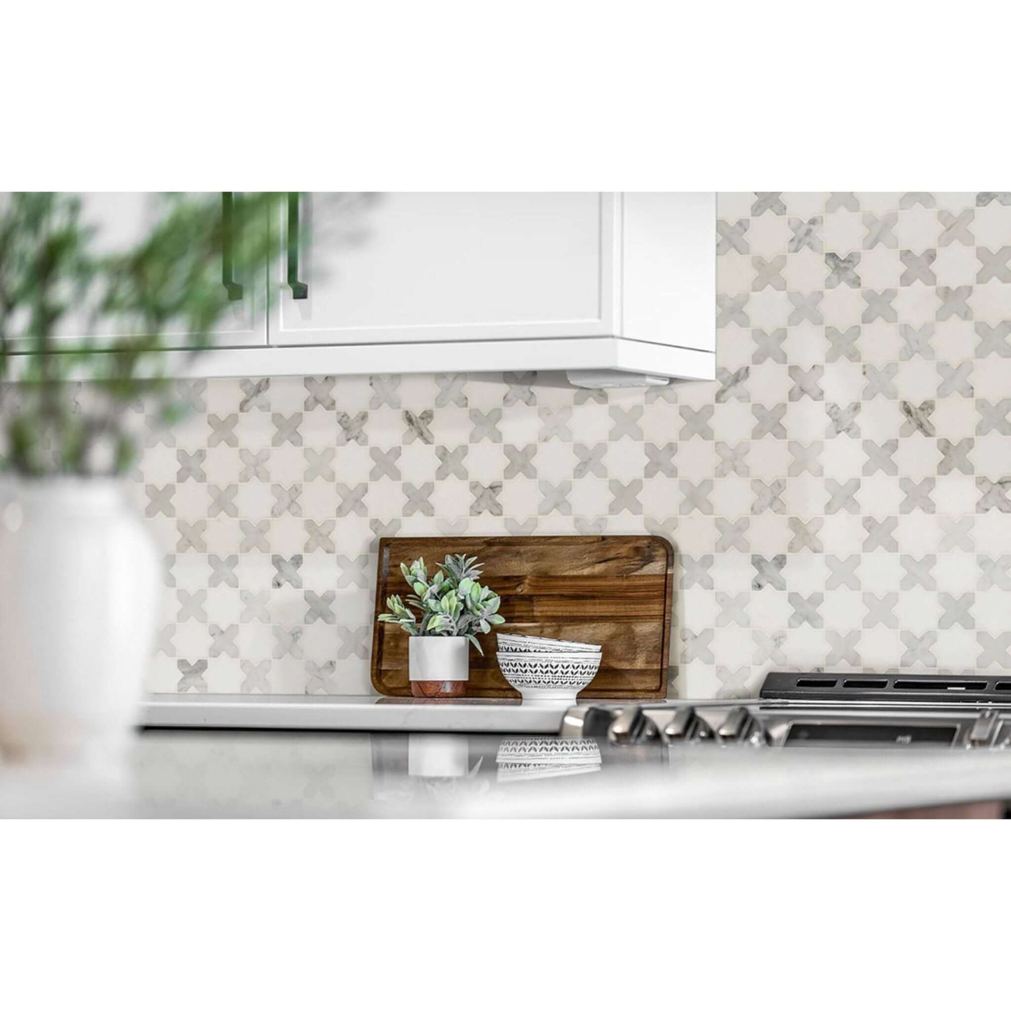 Thassos White + Carrara White Vera Ann Polished Star and Cross Pattern Tile