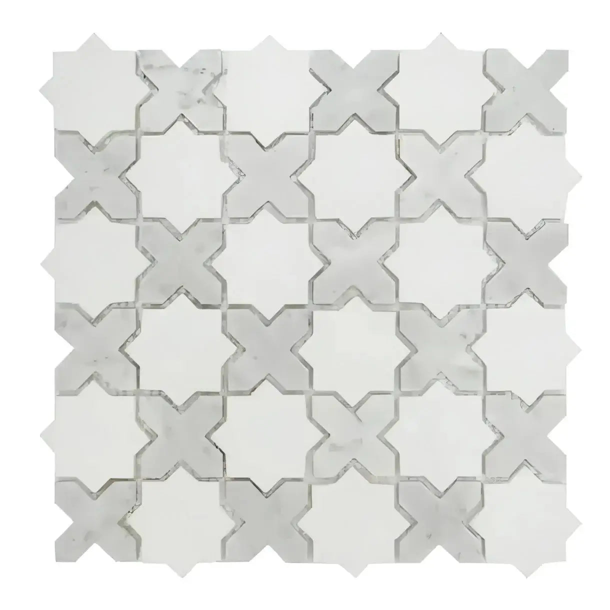 Thassos White + Carrara White Vera Ann Polished Star and Cross Pattern Tile