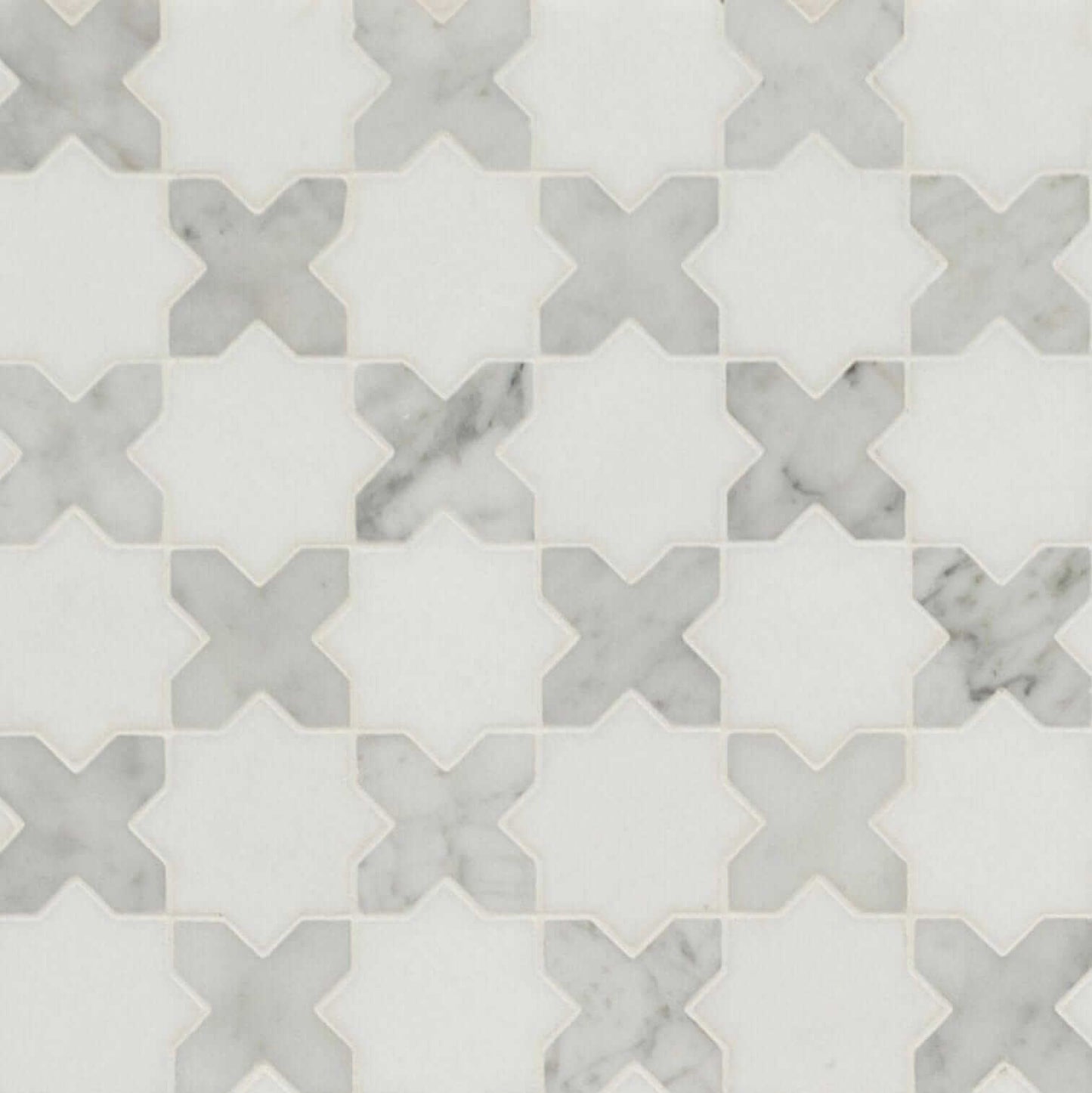 Thassos White + Carrara White Vera Ann Polished Star and Cross Pattern Tile