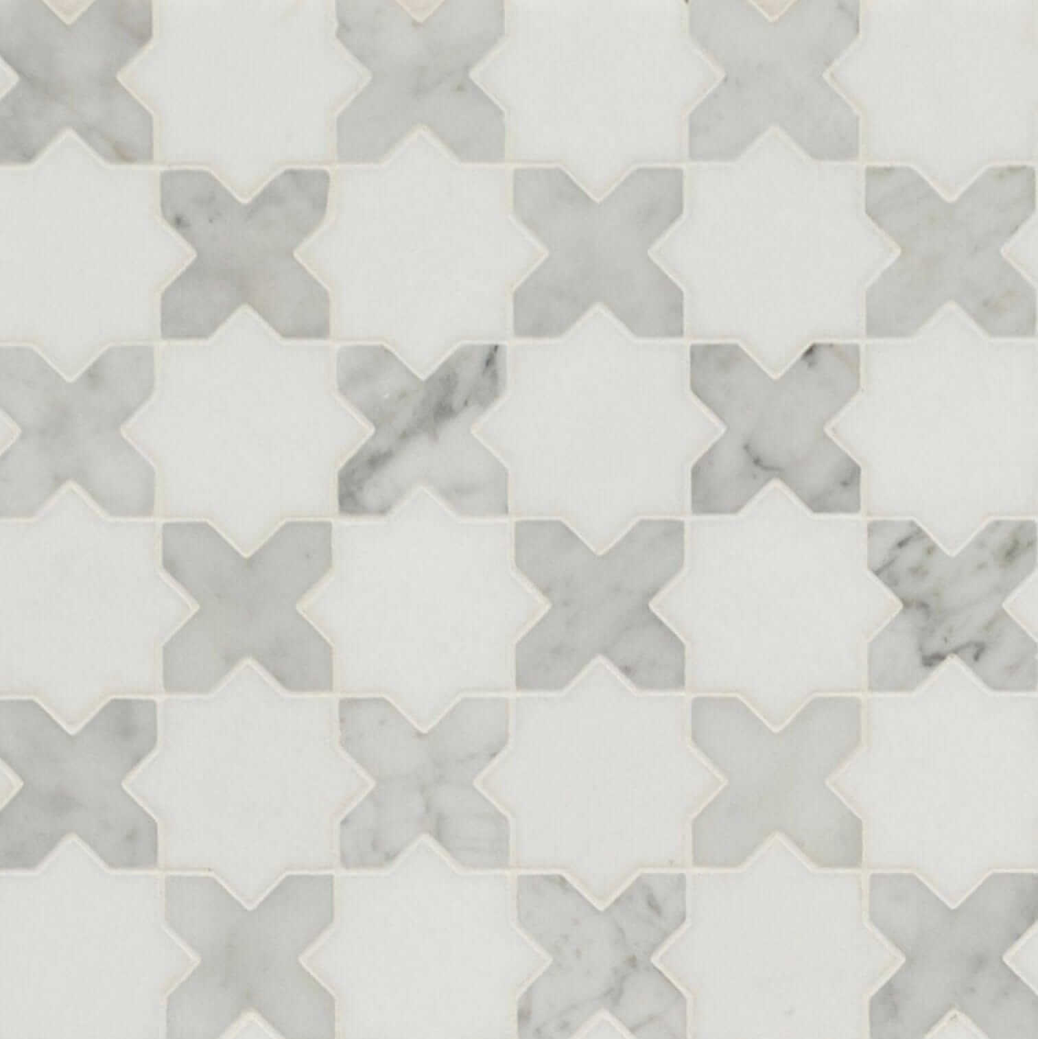 Thassos White + Carrara White Vera Ann Polished Star and Cross Pattern Tile