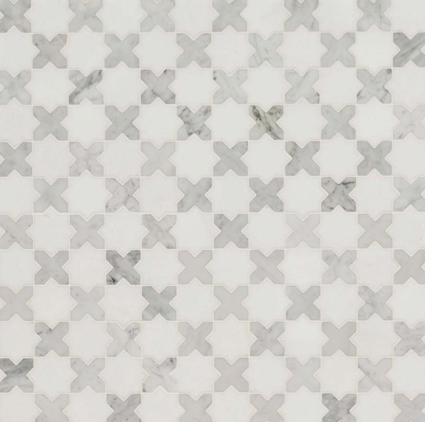 Thassos White + Carrara White Vera Ann Polished Star and Cross Pattern Tile