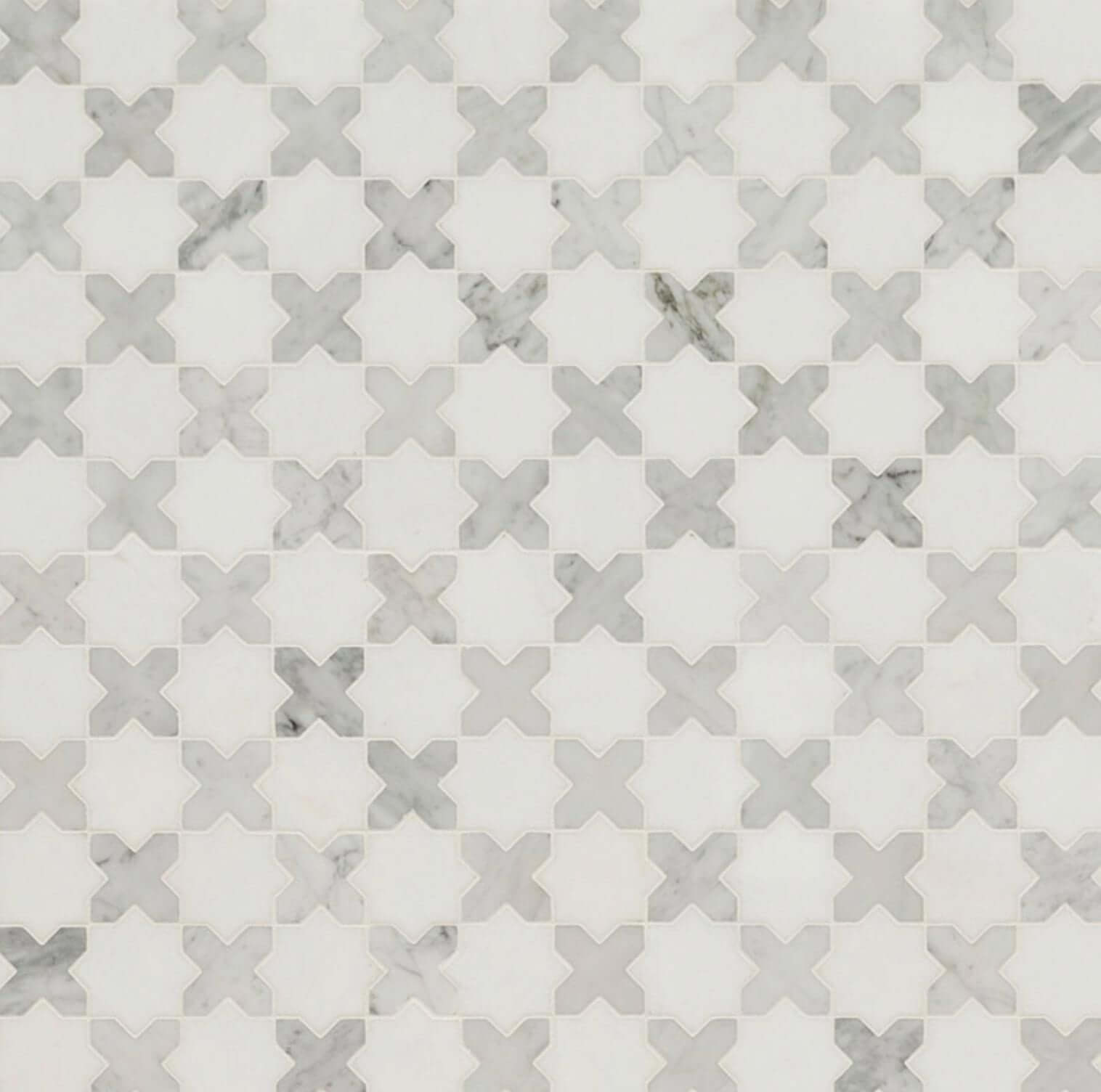 Thassos White + Carrara White Vera Ann Polished Star and Cross Pattern Tile