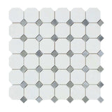 Thassos White Marble + Bardiglio Gray Dots Octagon Honed Mosaic Tile