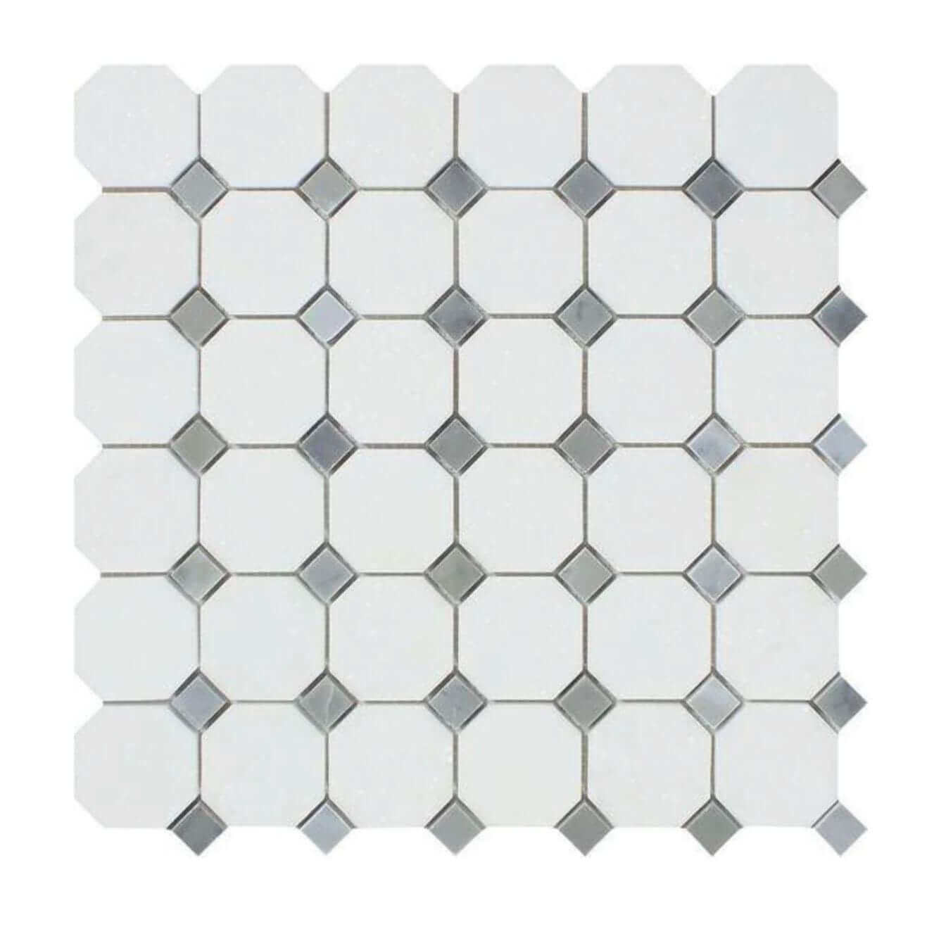 Thassos White Marble + Bardiglio Gray Dots Octagon Honed Mosaic Tile