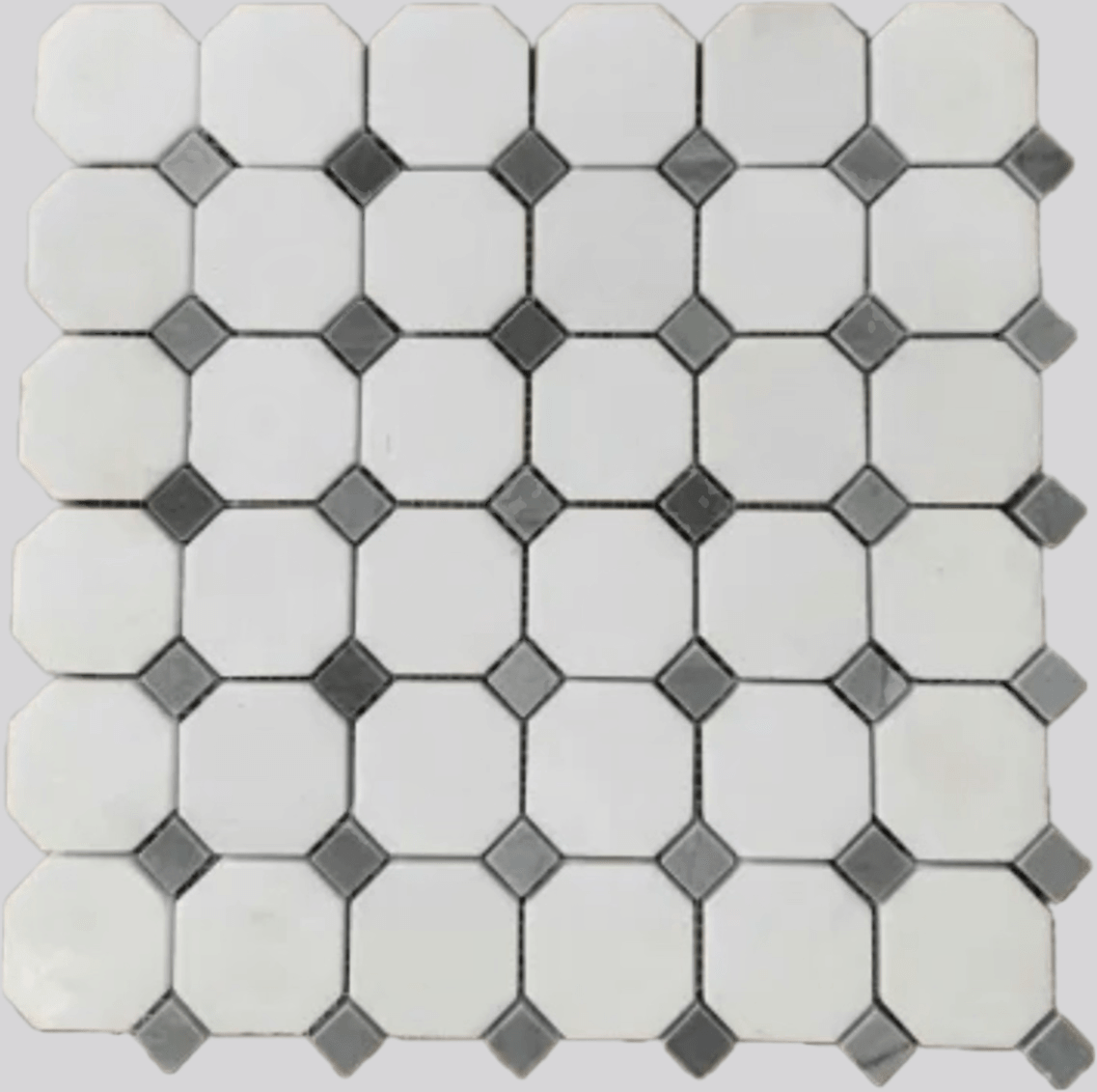 Thassos White Marble + Bardiglio Gray Dots Octagon Honed Mosaic Tile