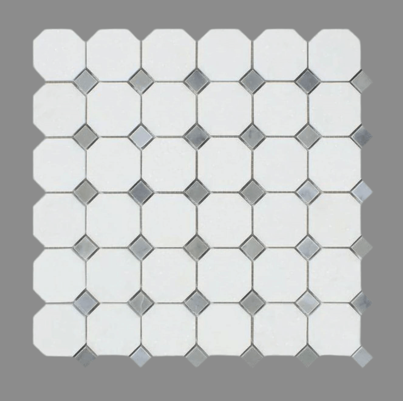 Thassos White Marble + Bardiglio Gray Dots Octagon Honed Mosaic Tile
