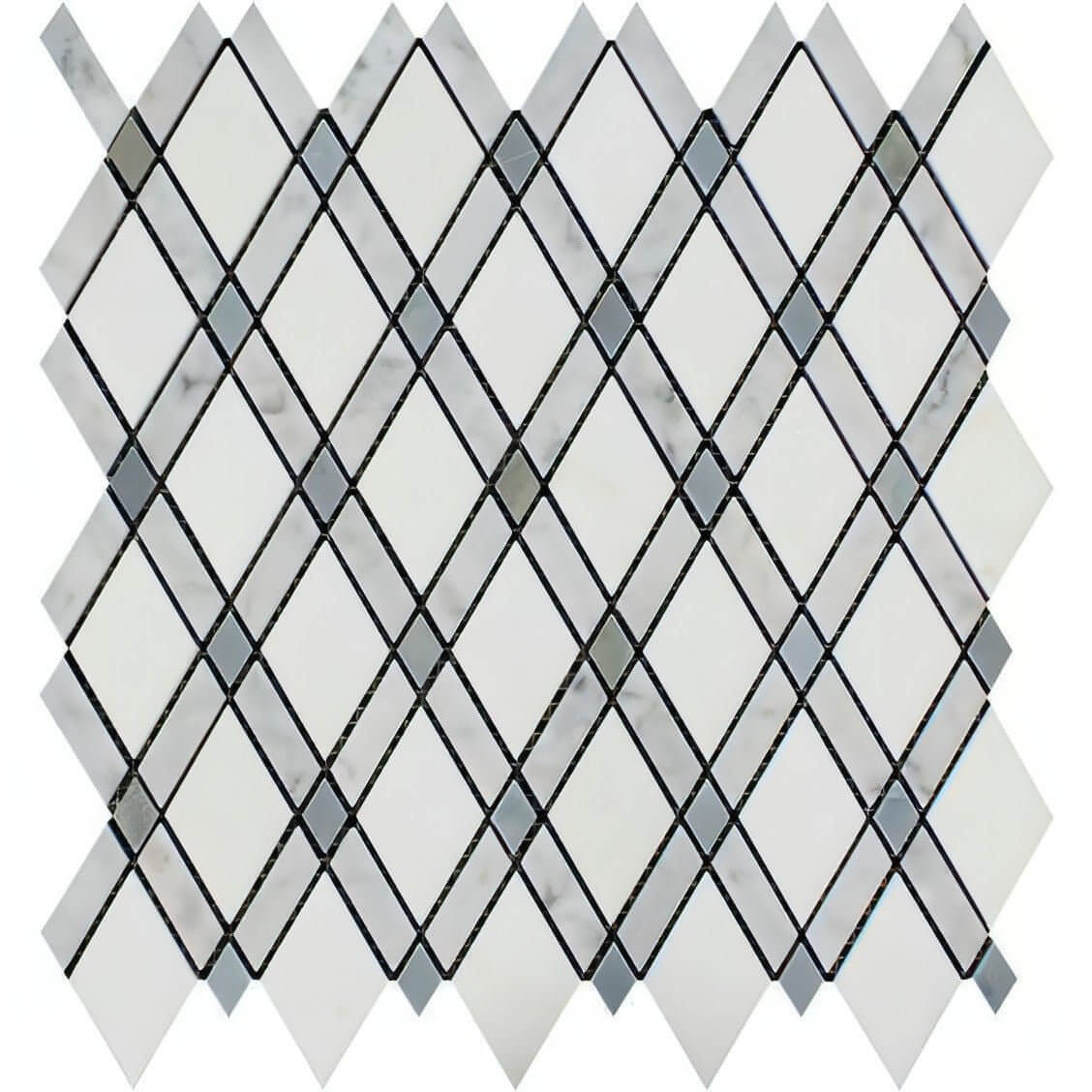 Thassos White Marble Honed Lattice Mosaic Tile W / Blue Gray Dots