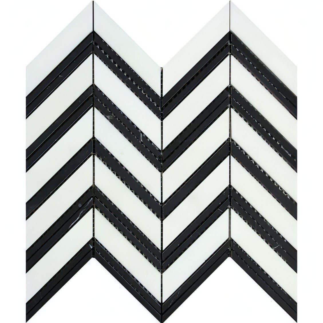 Thassos White Marble Large Chevron Mosaic Tile W / Black Dots Strips