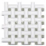 Thassos White Marble Triple - Weave Mosaic w/ Ming Green Dots