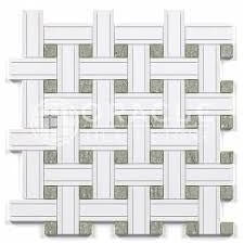 Thassos White Marble Triple - Weave Mosaic w/ Ming Green Dots