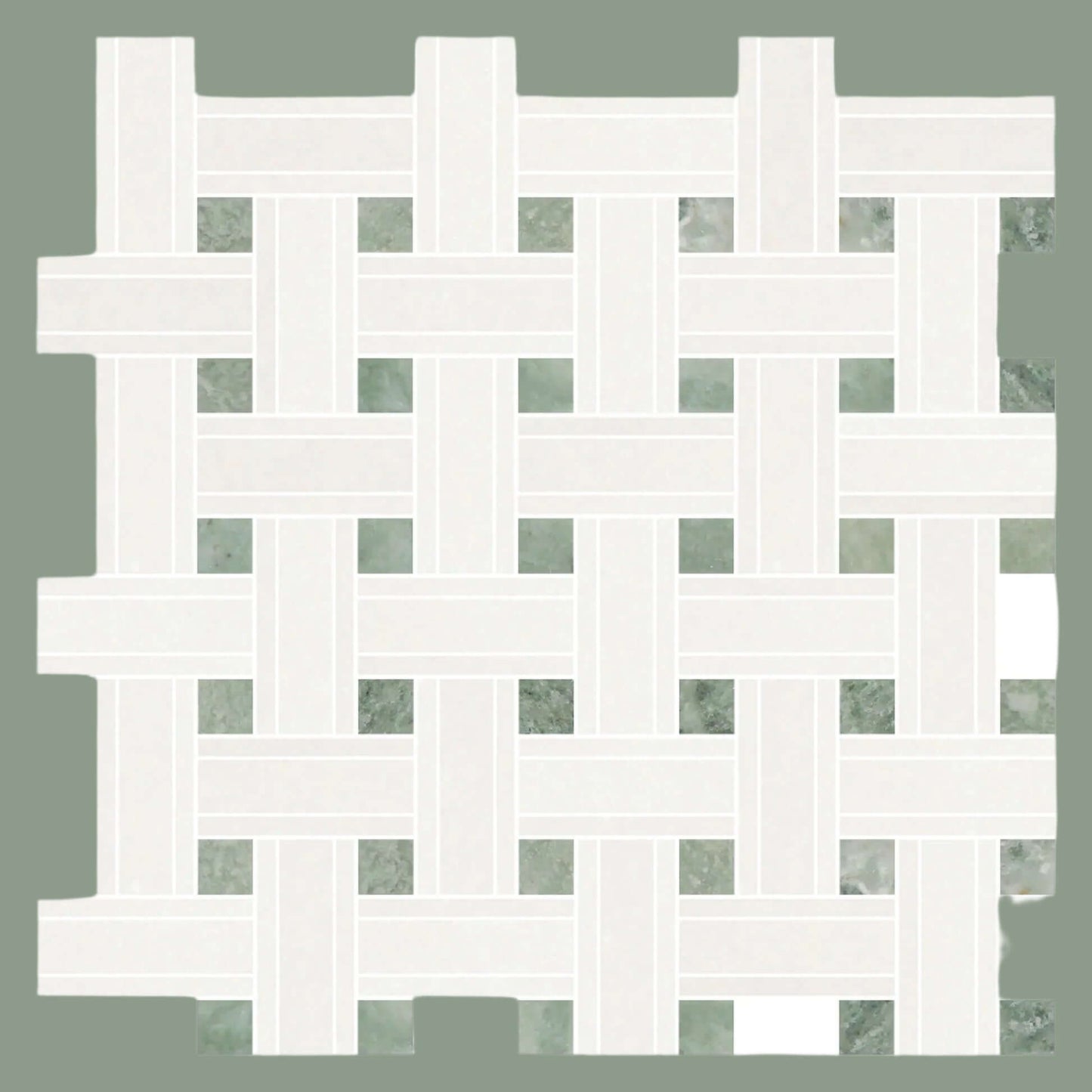 Thassos White Marble Triple - Weave Mosaic w/ Ming Green Dots