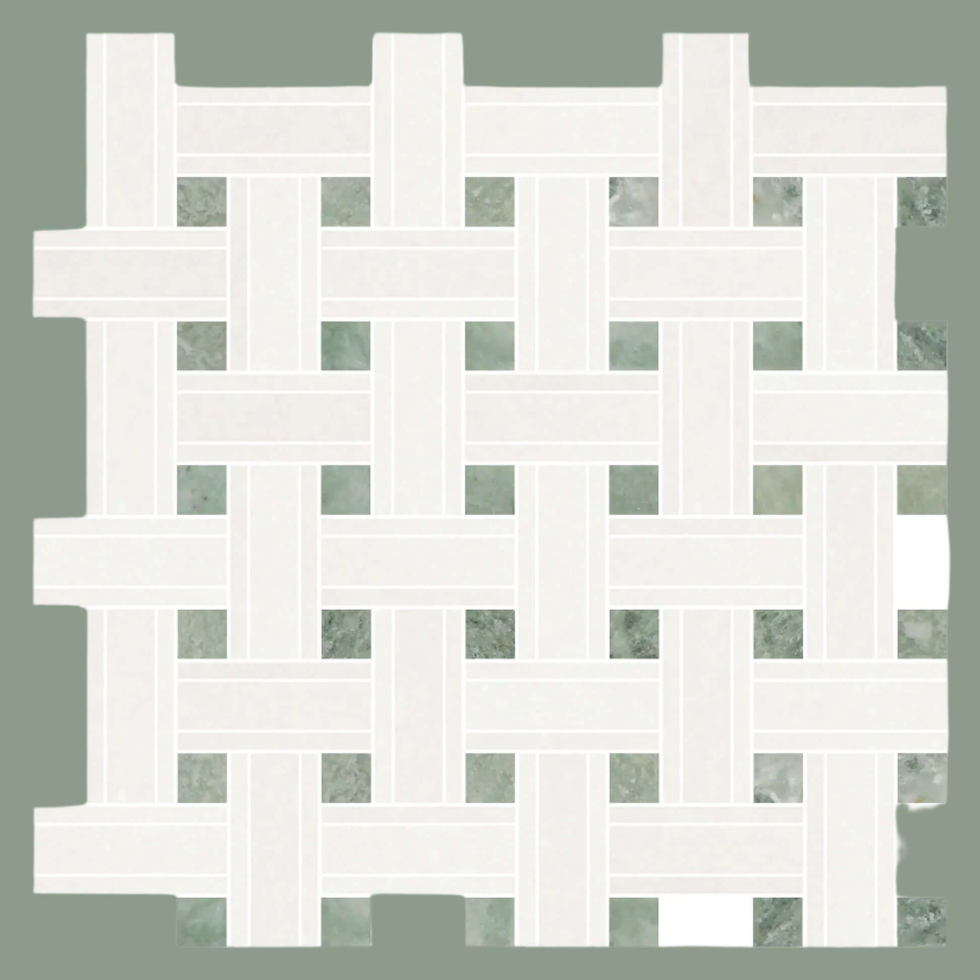 Thassos White Marble Triple - Weave Mosaic w/ Ming Green Dots