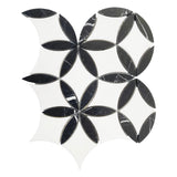 Bianco Dolomite Marble with Nero Marquina Leaf La Fleur Waterjet Mosaic Tile Polished