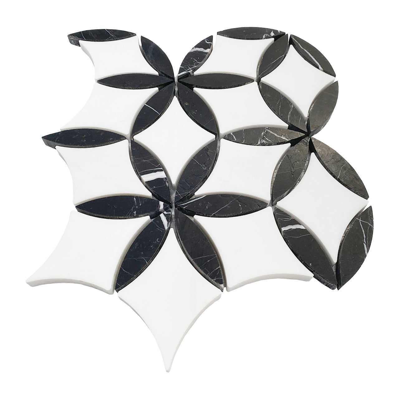 Bianco Dolomite Marble with Nero Marquina Leaf La Fleur Waterjet Mosaic Tile Honed