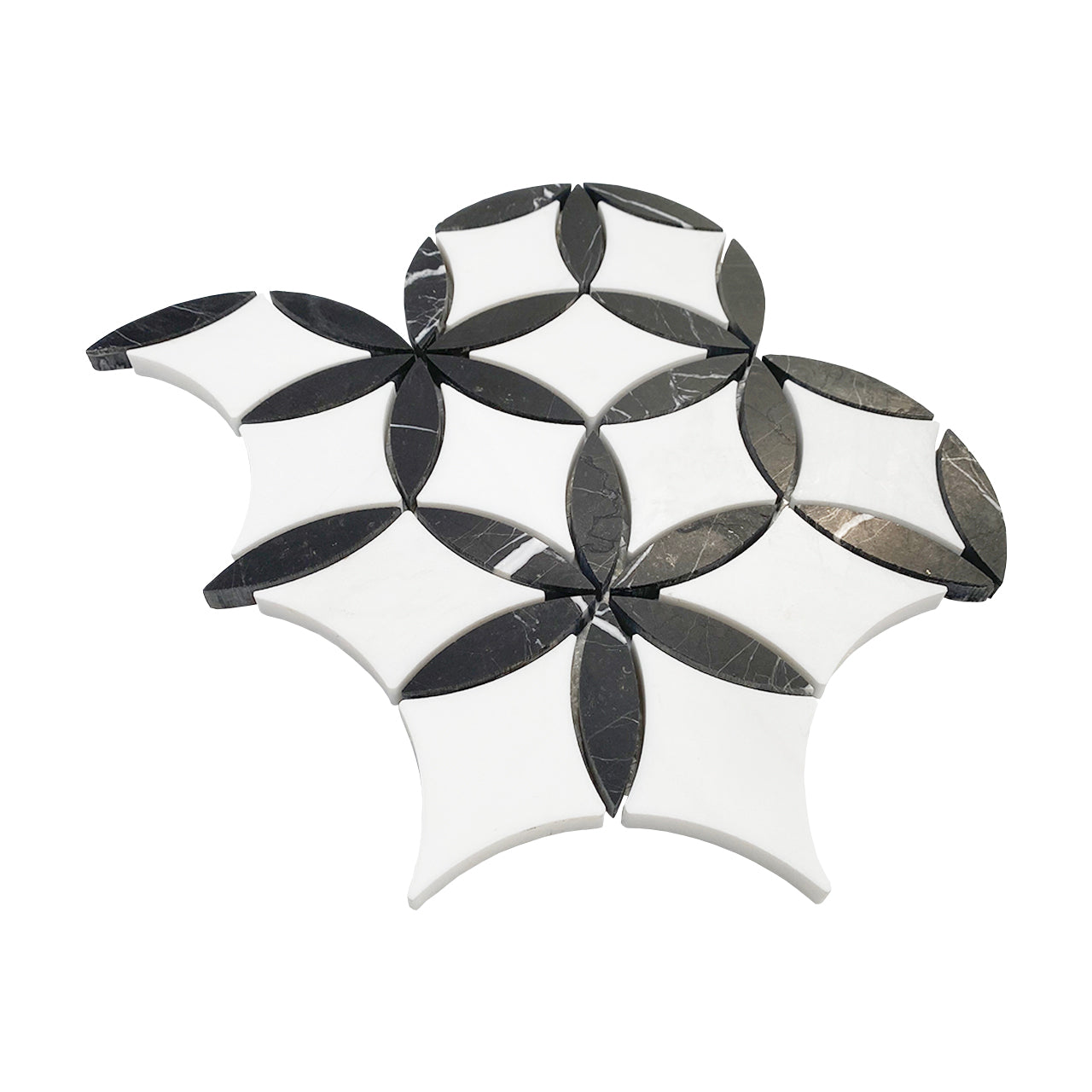 Bianco Dolomite Marble with Nero Marquina Leaf La Fleur Waterjet Mosaic Tile Polished