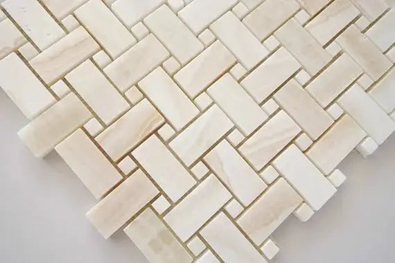 Vanilla White Onyx Basketweave Mosaic Cross-Cut w/ Onyx Dots Polished