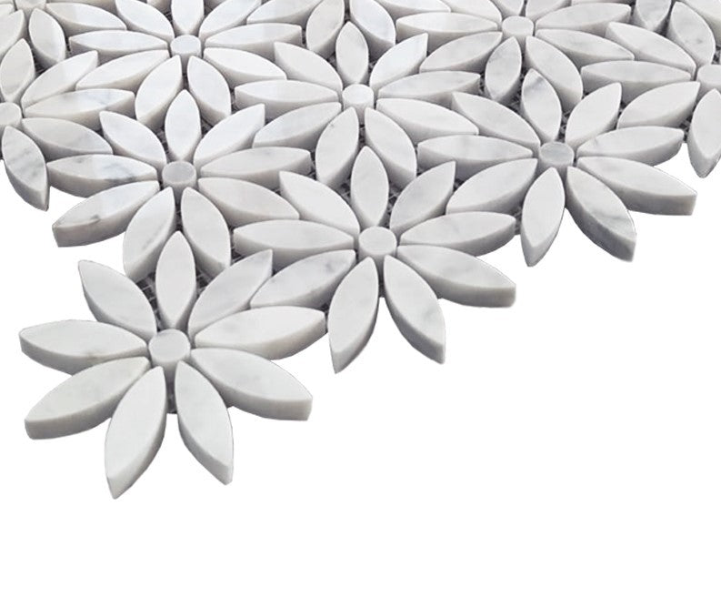 Carrara White Marble With Carrara White Accent Daisy Flower Waterjet Mosaic Tile Polished