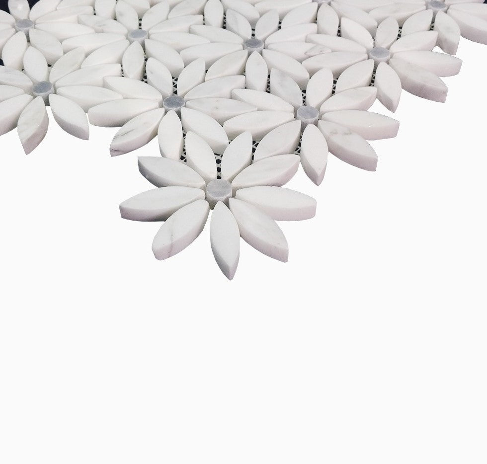 Calacatta Gold Italian Marble with Bardiglio Gray Accent Daisy Flower Waterjet Mosaic Tile Honed